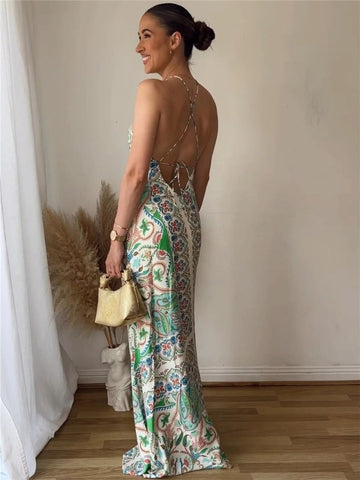 Yipinpay 2023 Halter Backless Dress Woman Vintage Print Long Dress Women Summer Off Shoulder Sexy Dresses Elegant Party Dresses